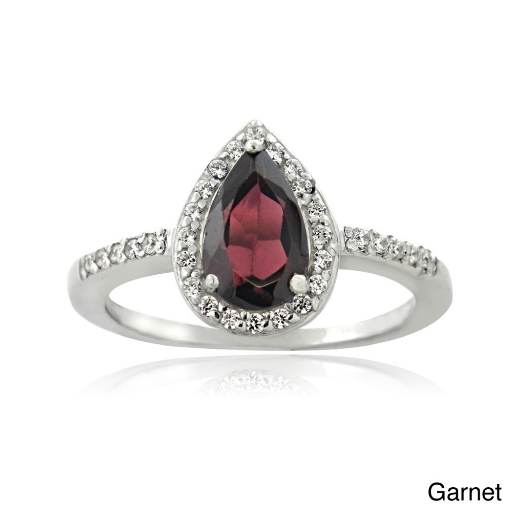 Pear GARNET Cubic Zirconia Halo Sterling Silver S925 Simulated Solitaire Ring